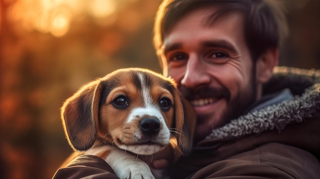 A man holding a beagle puppy in his arms.