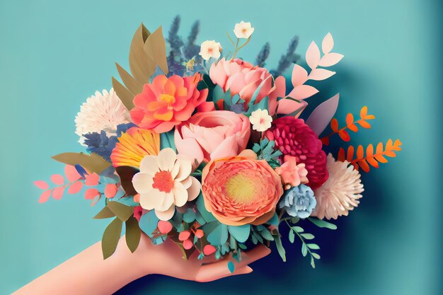 Photo man holding beautiful flower bouquet on blue background generative ai