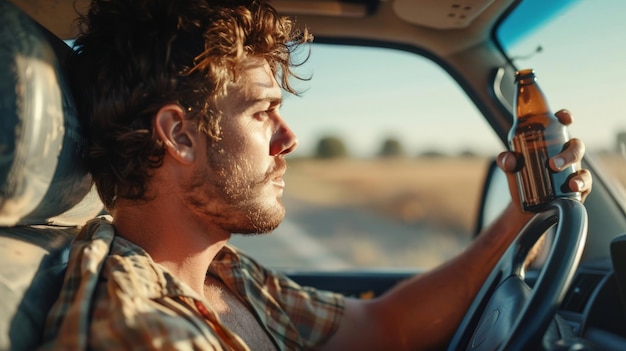 Man holding a beer bottle while driving along the way