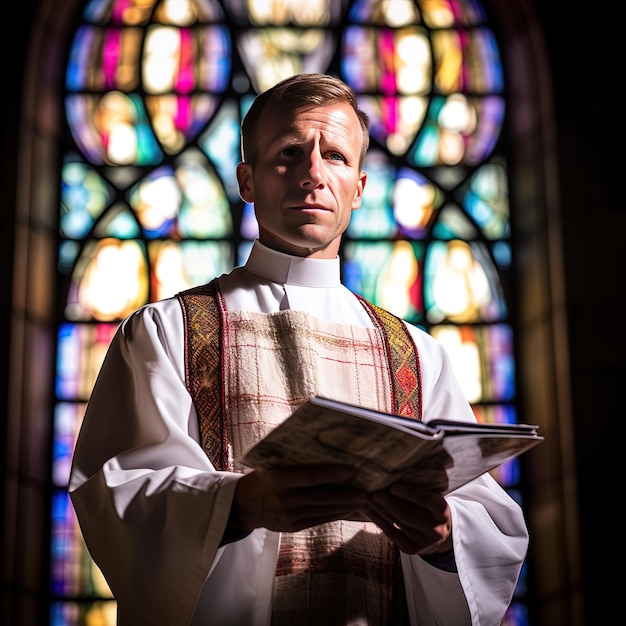 Photo a man holding a bible in front of a stained glass window