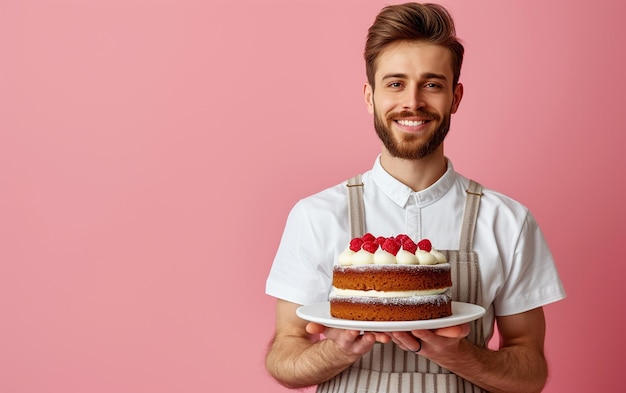 man holding birthday cake on solid color background Bakery or happy birthday concept Space for text