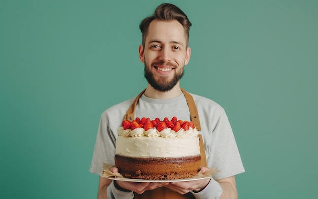 固い色の背景に誕生日ケーキを握っている男 パン屋またはハッピーバースデーコンセプト テキストのためのスペース