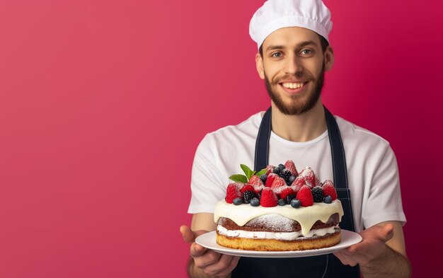 Foto uomo che tiene la torta di compleanno su uno sfondo di colore solido concept di panetteria o di buon compleanno spazio per il testo