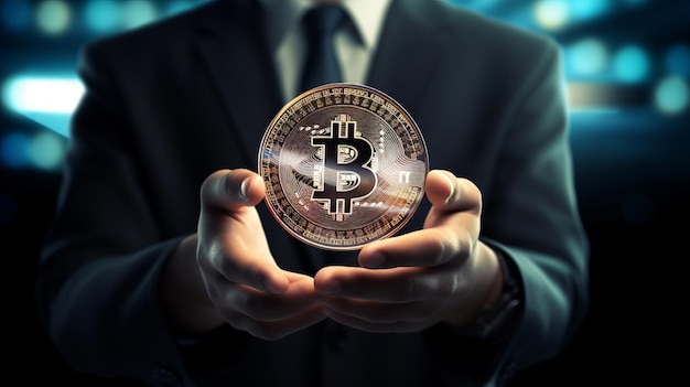 A man holding a bitcoin in his hands wearing a suit