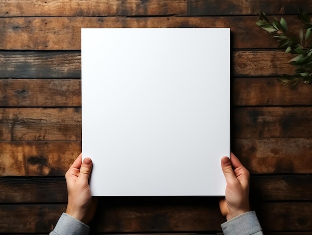 Man holding black poster mockup on the wooden background