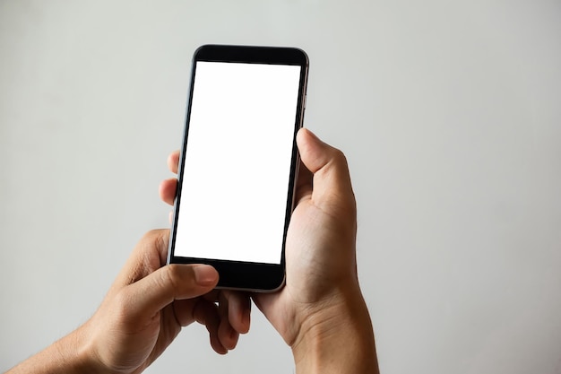 Photo man holding black smartphone isolated