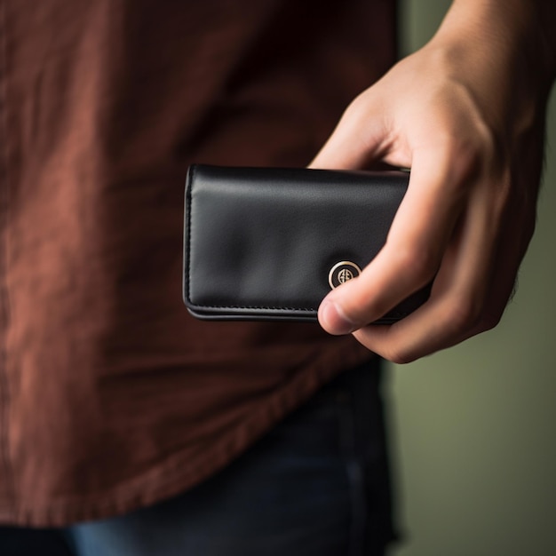 A man holding a black wallet with a gold logo on it.