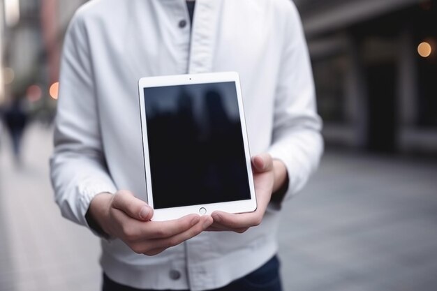 사진 빈 화면 태블릿 디자인을 들고 있는 남자 태블릿 모의 클로즈업