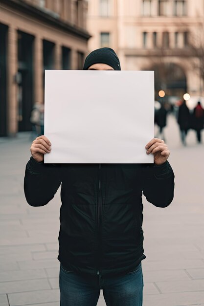 Foto un uomo che tiene un cartello vuoto davanti alla sua ia generata