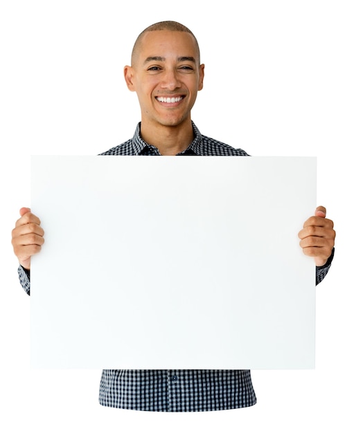 Man holding blank sign png element transparent background
