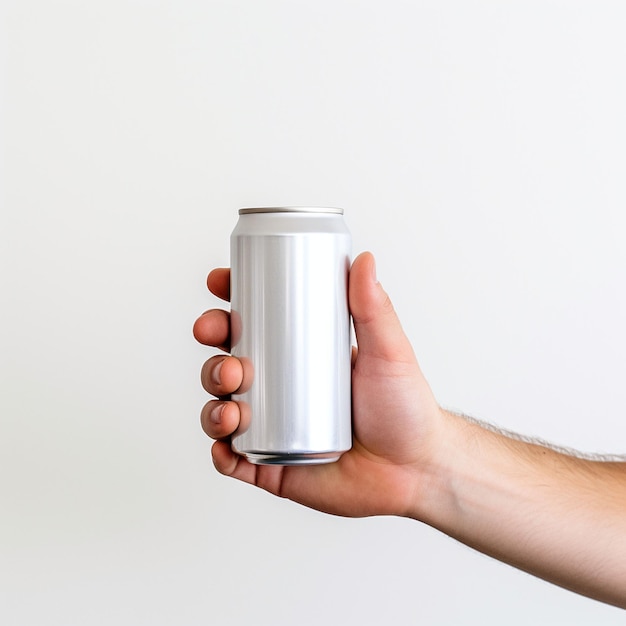 A man holding a blank soda can on a white background