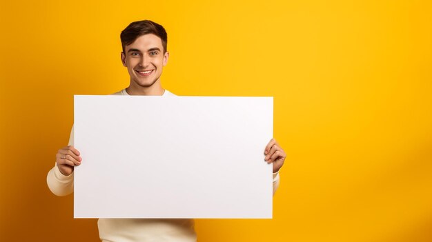 A man holding a blank whiteboard in front of a yellow background