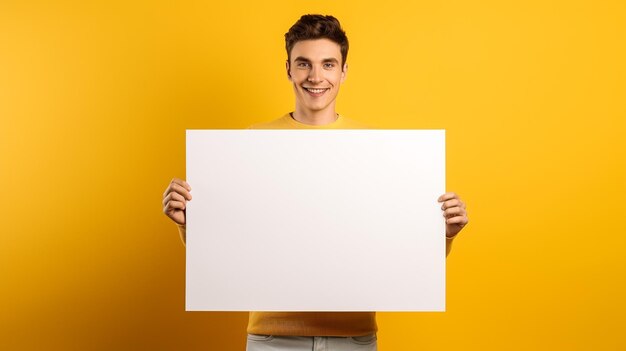 A man holding a blank whiteboard in front of a yellow background