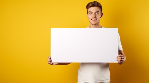 A man holding a blank whiteboard in front of a yellow background