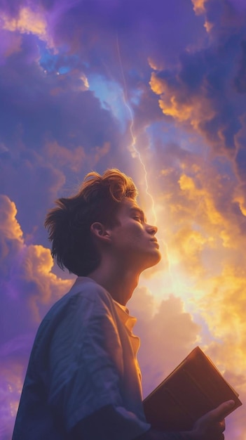 a man holding a book in front of a cloudy sky