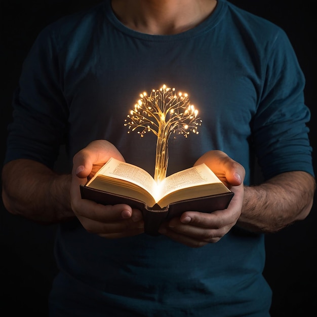 a man holding a book with a tree on the top of it