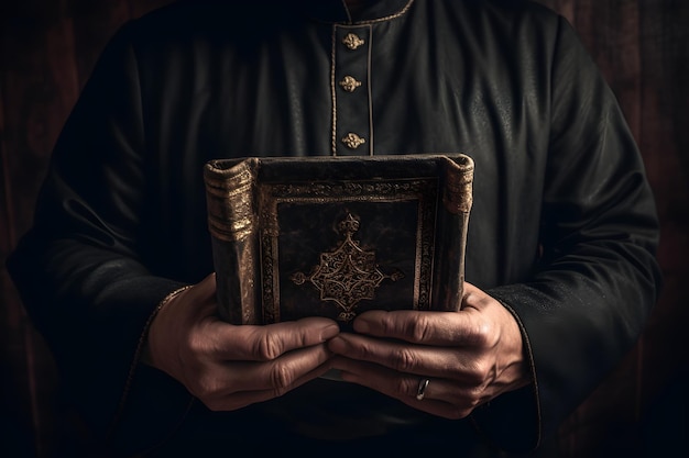 A man holding a book with the word holy on it