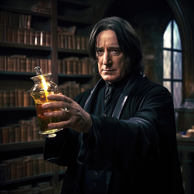 a man holding a bottle of alcohol in a library with many books in the background