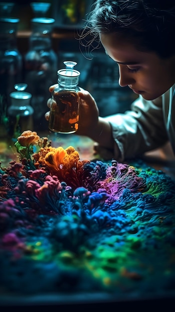 A man holding a bottle of liquid in front of a colorful background.