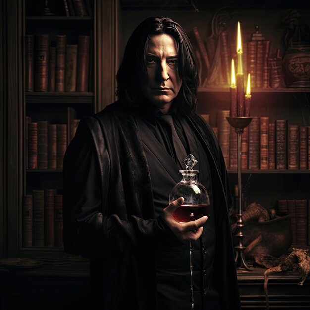 a man holding a bottle of liquid in front of a shelf full of books