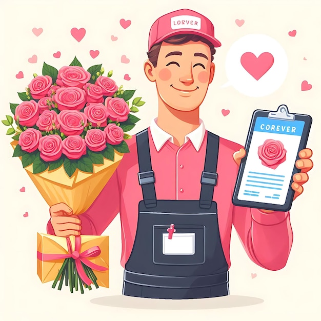 a man holding a bouquet of roses and a cell phone