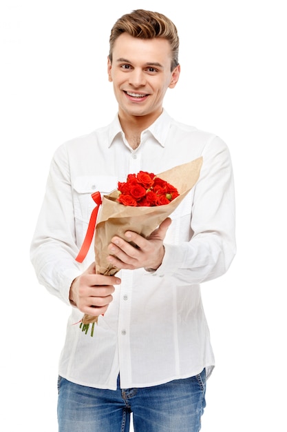 Man holding bouquet of roses