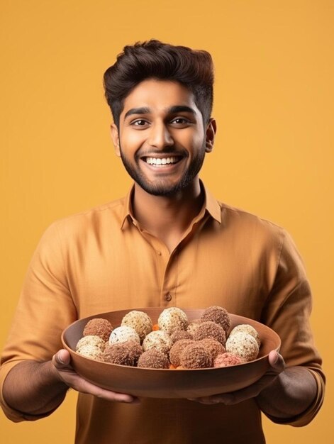 Photo a man holding a bowl of cookies and chocolates