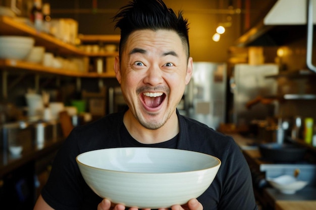 a man holding a bowl in a kitchen