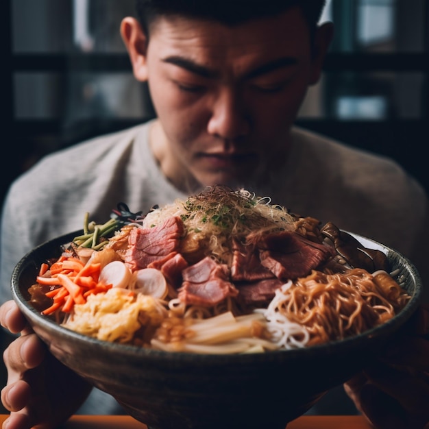 A man holding a bowl of noodles with a lot of meat on it.