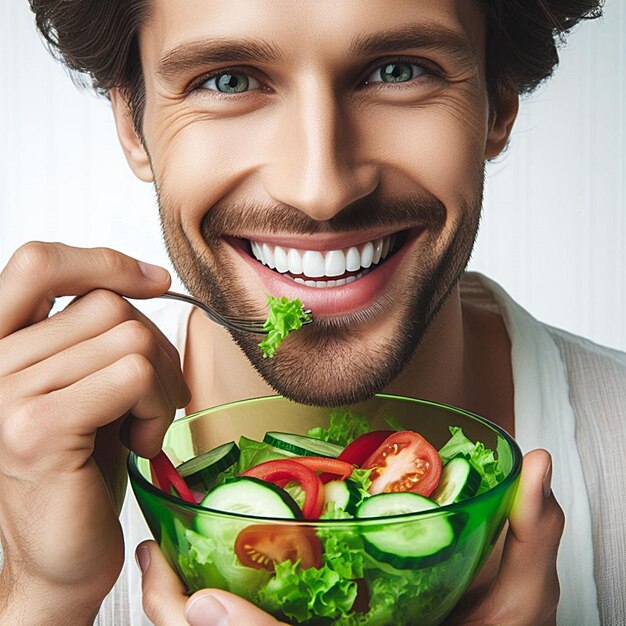 a man holding a bowl of vegetables with a smile on his face