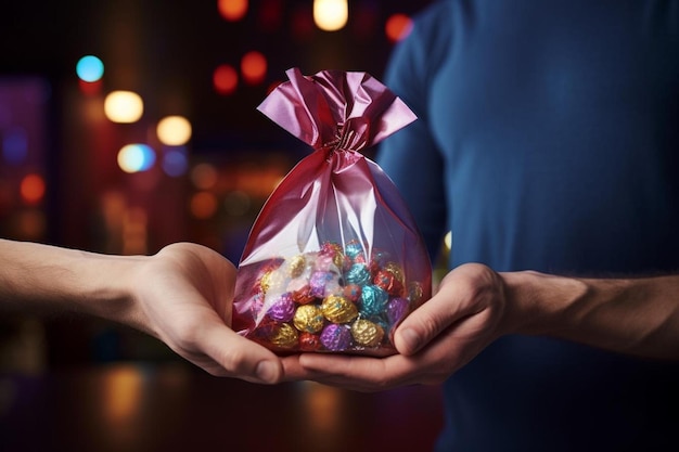 a man holding a box of candy in his hands.