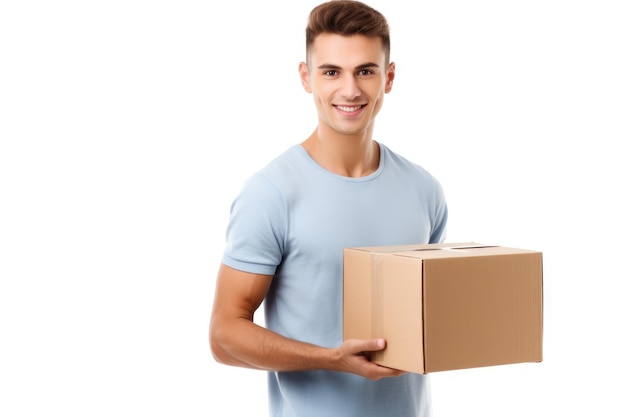 Man Holding a Box in Casual Attire on White Background for Business and Moving House Purposes