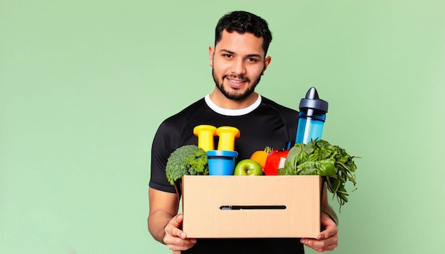 A man holding a box of food that says'food'on it