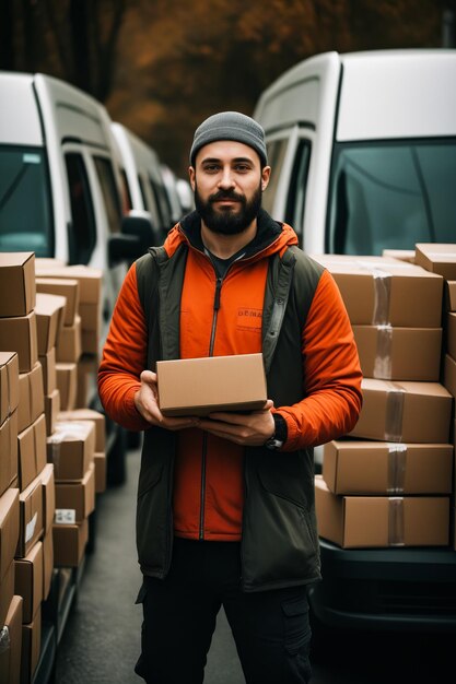 Man holding box in front of van with boxes generative ai