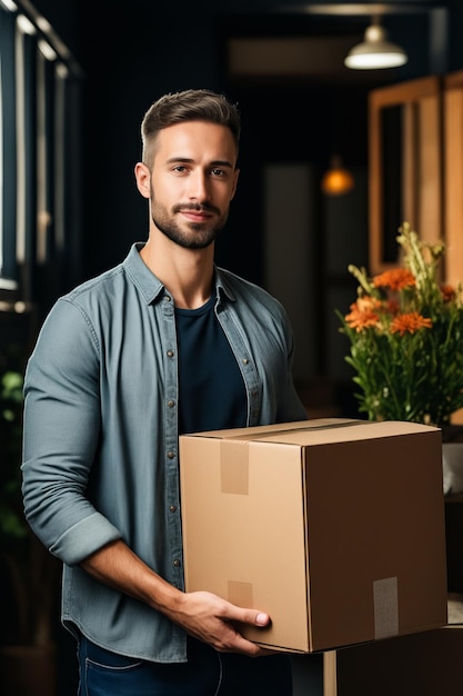 Man holding box in his hands and plant in the background Generative AI