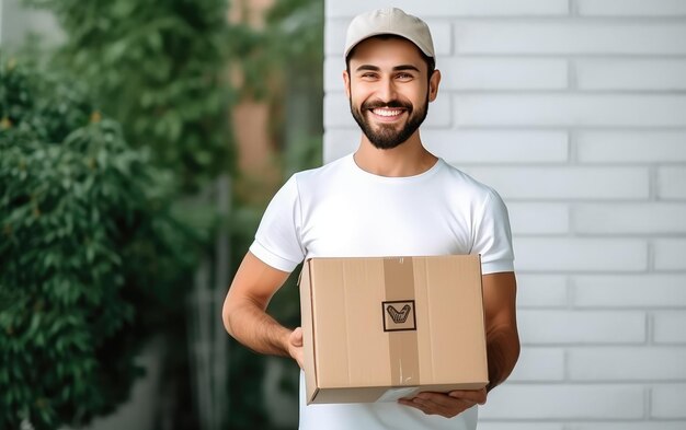 A man holding a box that says he is holding it.