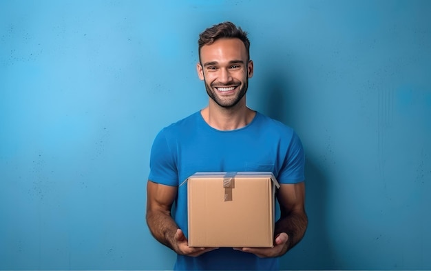 A man holding a box that says " i'm holding it " in his hands.