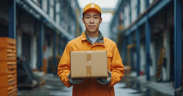 a man holding a box in a warehouse