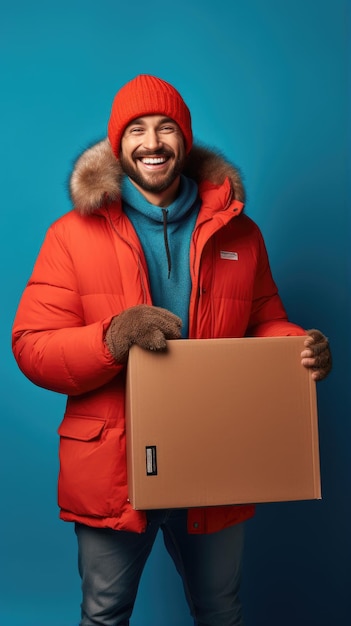 Man holding a box in winter clothes