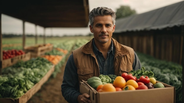 A man holding a box with fresh vegetables on a farm or filed