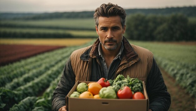 A man holding a box with fresh vegetables on a farm or filed