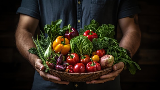 A man holding a box with fresh vegetables Healthy eating concept