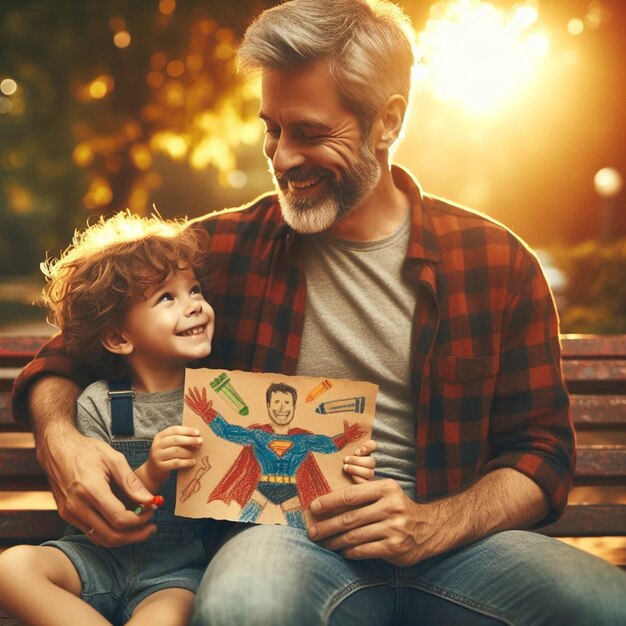 Photo a man holding a boy and a picture of a man with a superman picture