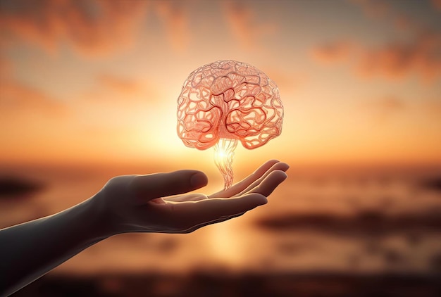 man holding brain up in the hand at sunset in the style of light orange and white