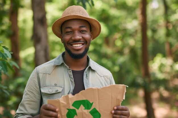 a man holding a brown paper bag with a recycle logo on it