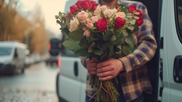 手に花の束を握っている男