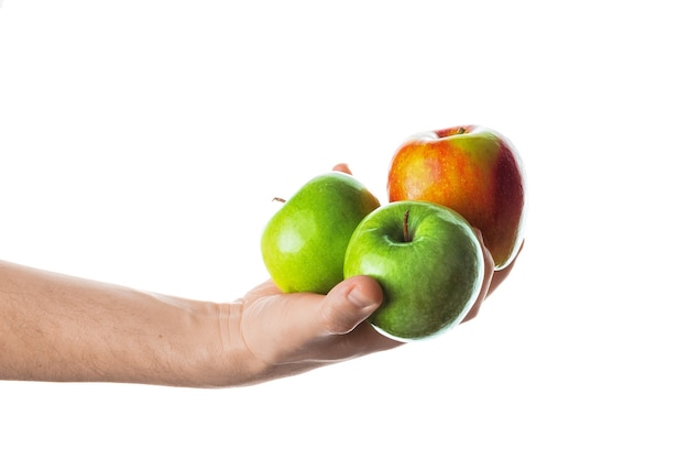 Man holding bunch of red and green apples in his hand. Isolated on white background.