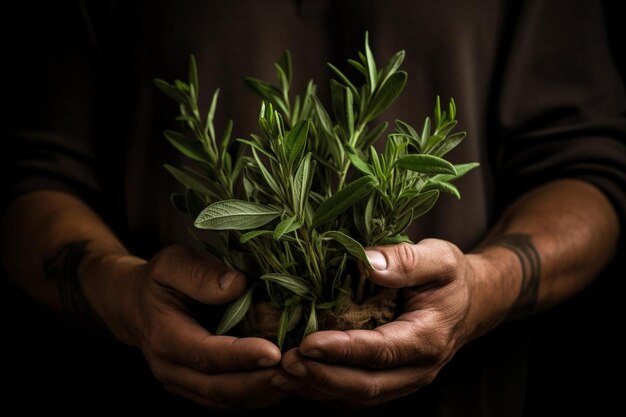 A man holding a bunch of rosemary in his hands.