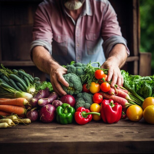 a man holding a bunch of vegetables on top of a table