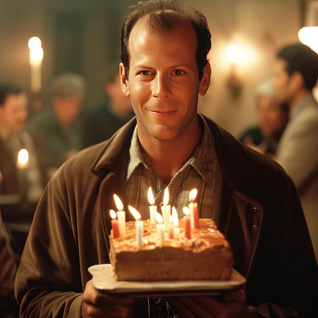 Photo a man holding a cake with the words  happy birthday  on it